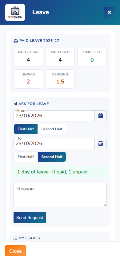 SysGadh app: asking for leave, with the paid leave balance