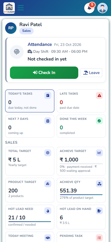 SysGadh app: My Work with the attendance check in